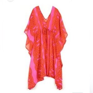 ECHO - women’s chiffon printed pink red swim cover up midi dress short sleeve OS